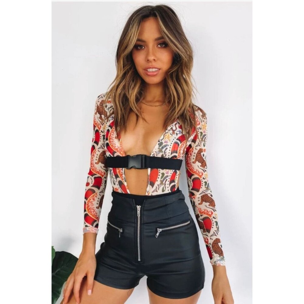 Beginning Boutique The Eye Of The Tiger Mesh Bodysuit Size XS Long Sleeve Multi